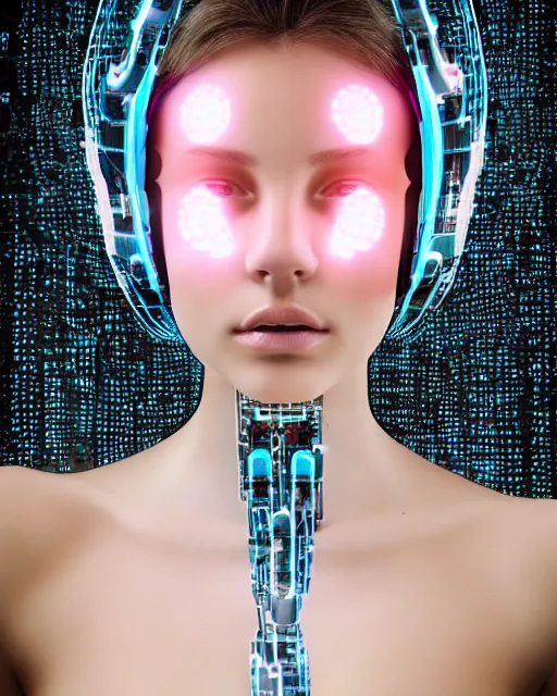 Prompt: fashion portrait photo, the most beautiful girl in the world, glowing cybernetic augments, hyperrealism, year 2447, cdx