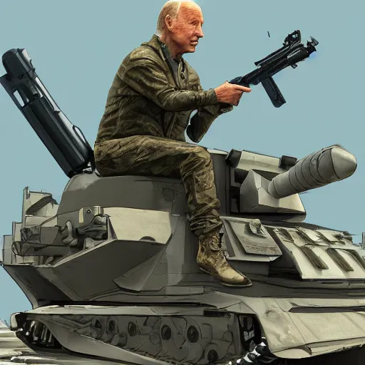 Prompt: joe biden sitting on a tank aiming at the head of vladimir putin, digital art, hyper detailed, artstation, cgsociety