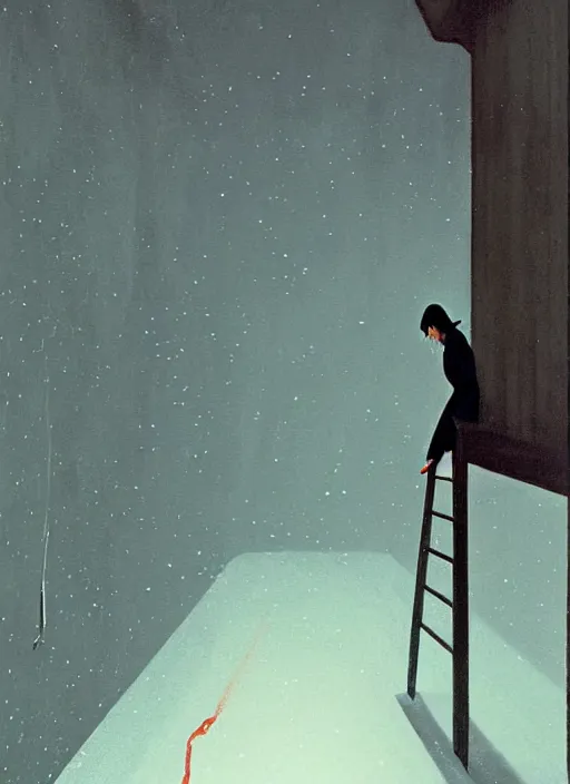 Prompt: woman in black suite climbing ladder to the hole in the sky, snowing night by Edward Hopper and James Gilleard, Zdzislaw Beksinski, Katsuhuro Otomo highly detailed