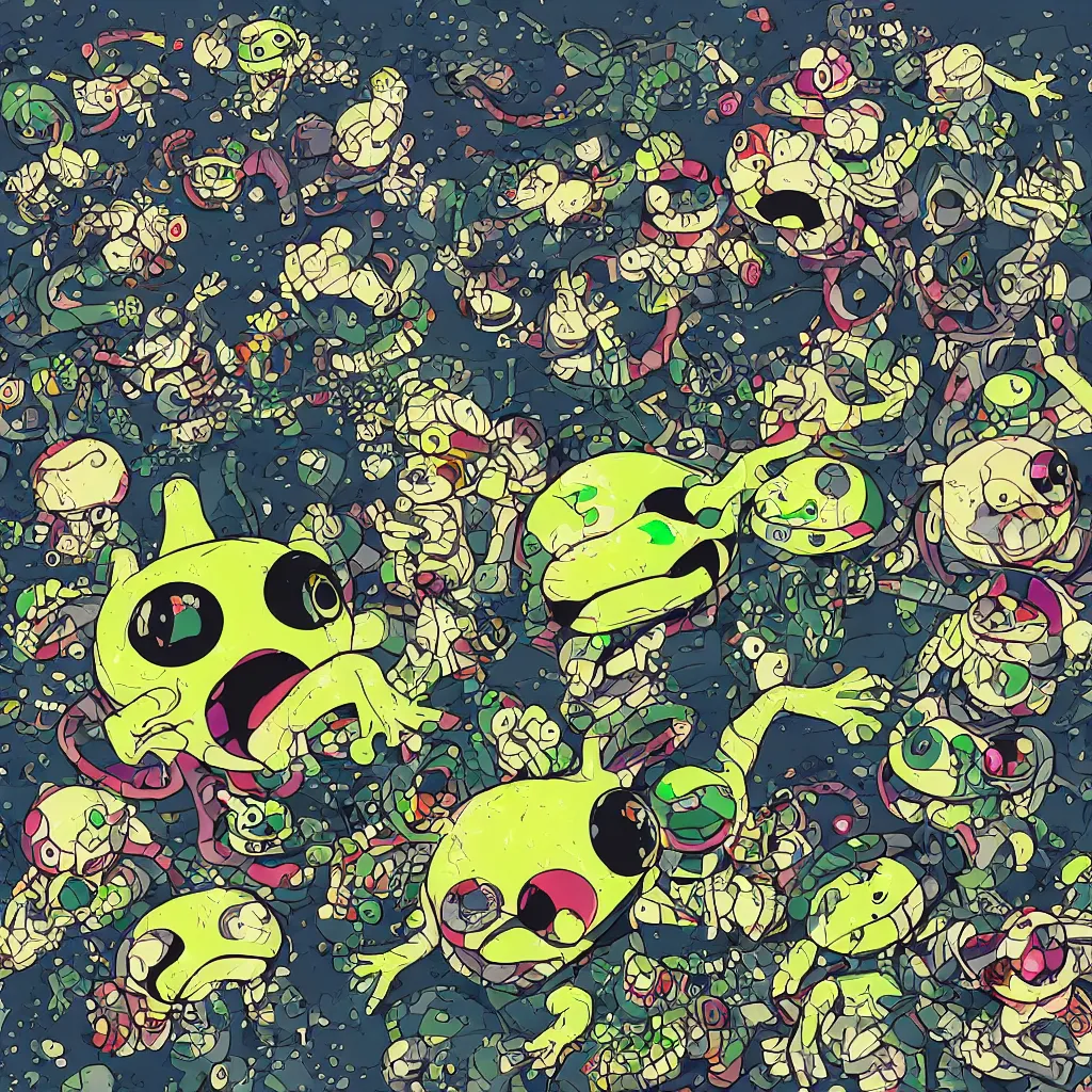 Image similar to toads, frogs, ryuta ueda artwork, breakcore, style of jet set radio, y 2 k, gloom, space, cel - shaded art style, indigo rainbow, data, minimal, takashi murakami artwork, code, cybernetic, dark, eerie, cyber