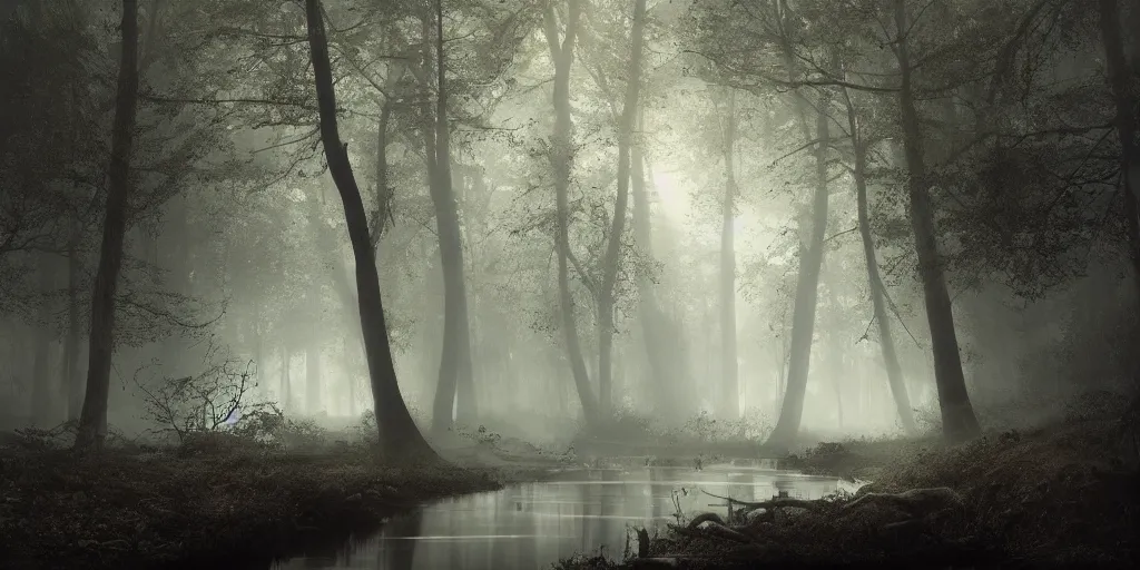 Prompt: [ a dark scene of a dense forest at dawn with a gentle stream through it, sunlight through trees, volumetric light and mist, fog, a dead fallen tree lays in the water, a sense of mystery ], andreas achenbach, artgerm, mikko lagerstedt, zack snyder, tokujin yoshioka