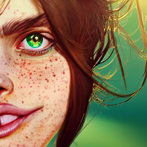 Image similar to portrait of a cute thin young woman, bronze brown hair, eye color is emerald green, red blush, cute freckles, smug smile, modern clothes, relaxing on the beach, golden hour, close up shot, 8 k, art by irakli nadar, hyperrealism, hyperdetailed, ultra realistic