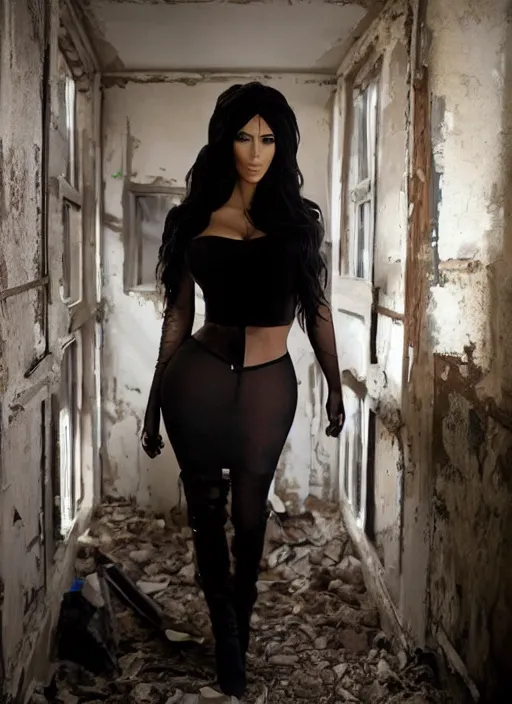 Image similar to film still of kim kardashian dressed as tupac, derelict house, cinematic lighting,