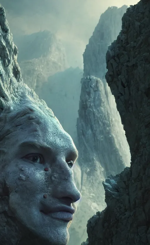 Image similar to extremely detailed cinematic movie still 3 0 7 7 portrait shot of a god of fire 2 5 years old white man hyperreal skin face at the mountain top by denis villeneuve, wayne barlowe, simon birch, marc simonetti, philippe druillet, beeple, bright volumetric sunlight from remote star, rich moody colors, closeup, bokeh