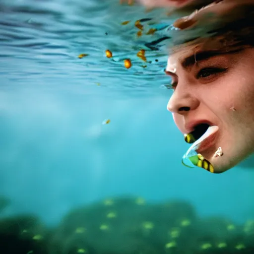 Prompt: a woman underwater with a mouth full of tadpoles coming out 3 5 mm cinematic realistic