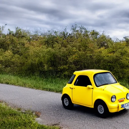 Prompt: being chased by a tiny fast yellow car captured in the wild