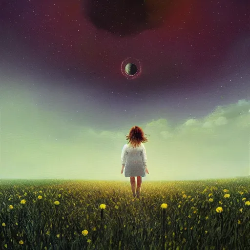 Prompt: giant daisy flowers as a head, girl walking in wheat field, hills, surreal photography, moon light, dark night, star trails, dramatic light, impressionist painting, clouds, digital painting, artstation, simon stalenhag