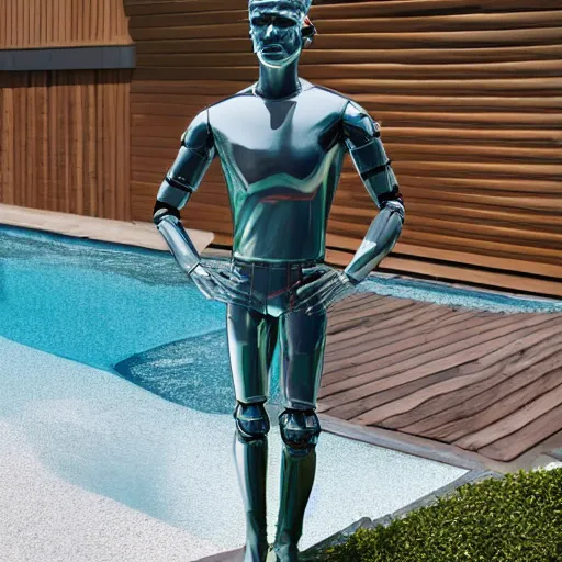 Image similar to a realistic detailed photo of a guy who is an attractive humanoid who is half robot and half humanoid, who is a male android, soccer player timo werner, shiny skin, posing like a statue, blank stare, by the pool, on display, showing off his muscles, humanoid robot, frozen ice statue, made of ice