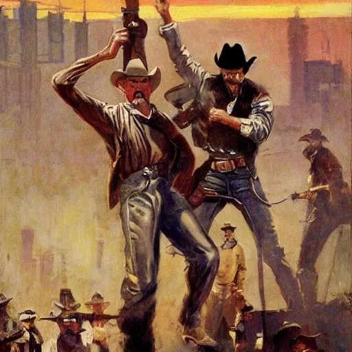 Prompt: cowboys shoot it out with a very tall cyborg in a western town, 1890s, dynamic, by tom lovell and frank schoonover and dean cornwell and phil hale