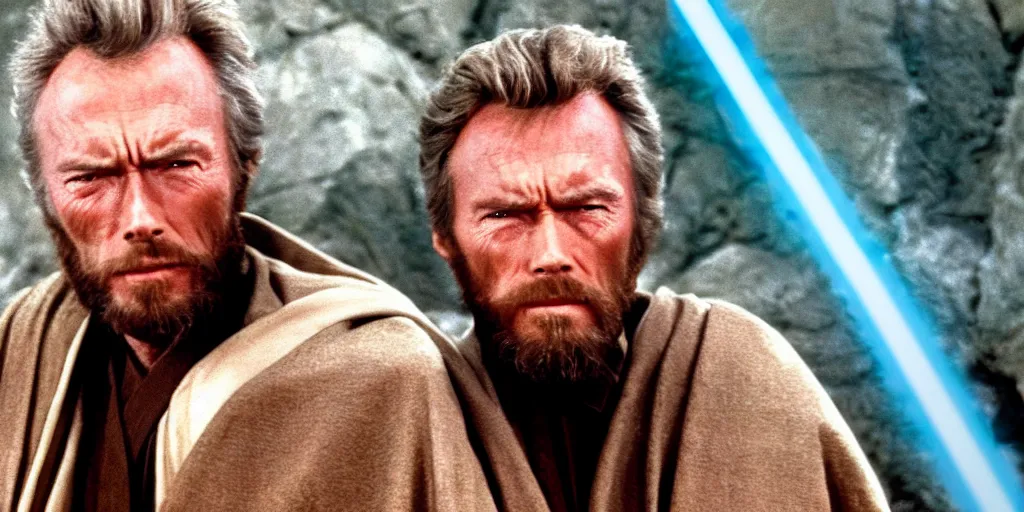Prompt: Still of Clint Eastwood as jedi master Obiwan kenobi!!!!. in Star Wars (1977). detailed eyes. medium shot, technicolor. light saber