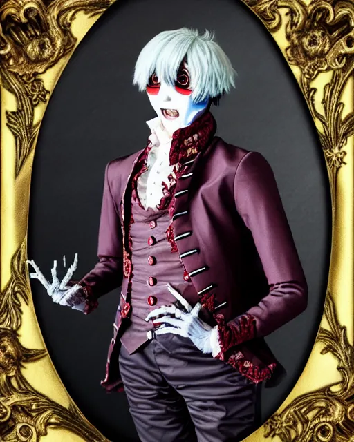 Image similar to tokyo ghoul monster ken kaneki character wearing a beautiful 1 8 th century suit with a tie, rococo style, francois boucher style, highly detailed, very realistic, painterly style