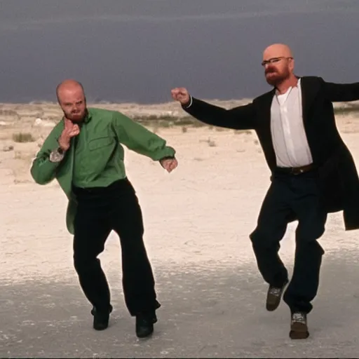 Image similar to jesse pinkman and walter white dancing on top of a caravan