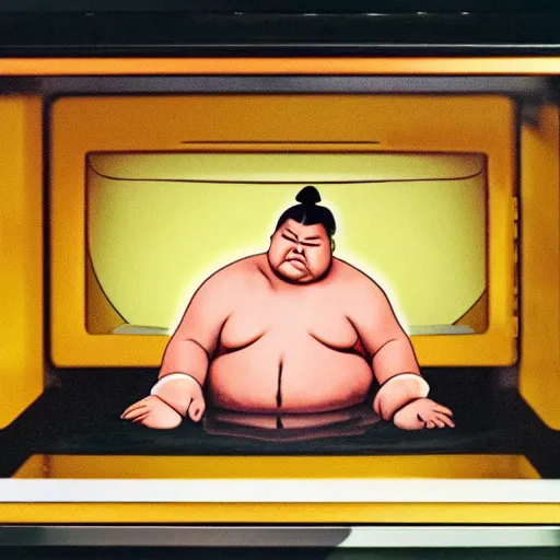 Prompt: photograph of a sumo wrestler trapped inside of a microwave