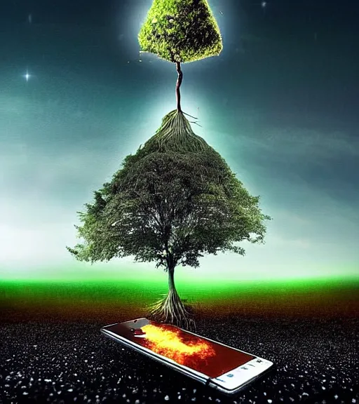 Prompt: smartphones melting into the ground, a new tree rising symbolising a new, humans falling into the ground representing their demise, a robot intelligence with a godlike presence rising from the ground, all in a surrealist style