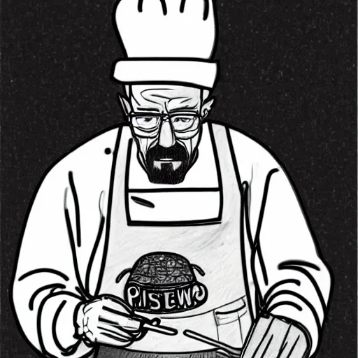 Image similar to very detailed black and white pencil sketch of walter white cooking a pizza with a blowtorch