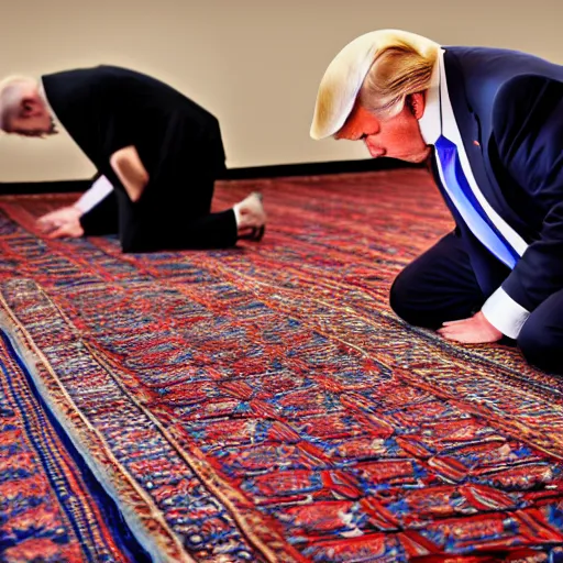 Image similar to Trump praying in mosque, award winning cinematic photography, 50 mm, blurred background, trending on Shutterstock