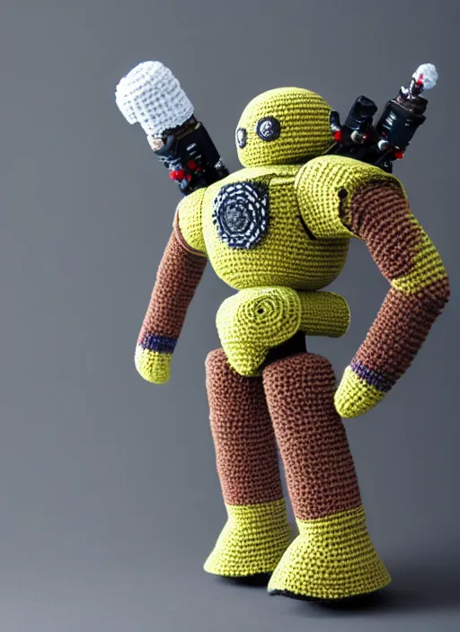 Prompt: a crochet mecha with rocket launchers, realistic, no cropping, full body, Sigma 50 mm f/1.4