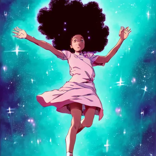 Prompt: ( a young black girl with a nebula afro ), dancing on a cloud in a lightning storm, trending on pixiv fanbox, painted by makoto shinkai takashi takeuchi studio ghibli, akihiko yoshida, yoshitaka amano, wangechi mutu, clean cel shaded vector art, retrowave colors, illustration, hd, 8 k