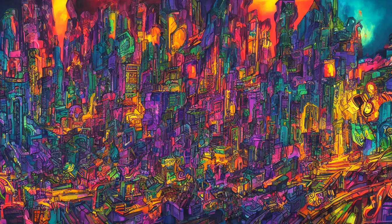 Image similar to surreal colorful nightmarish cityscape, 4k artwork by Ralph Bakshi