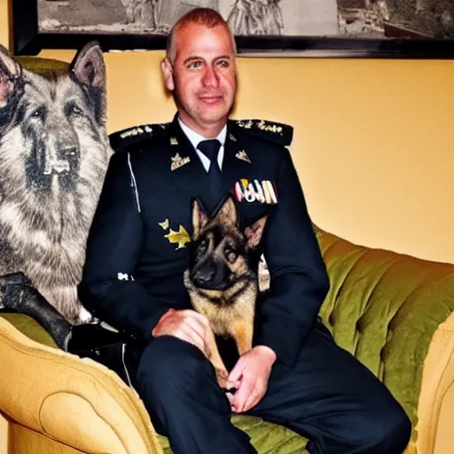 Image similar to a german shepherd beast - man, wearing military outfit, sitting on an armchair