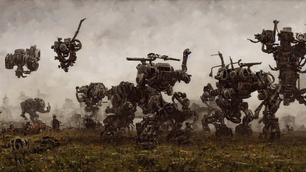 Prompt: 1920's battle in a farming village between bipedal mechs, painted by Jakub Rozalski