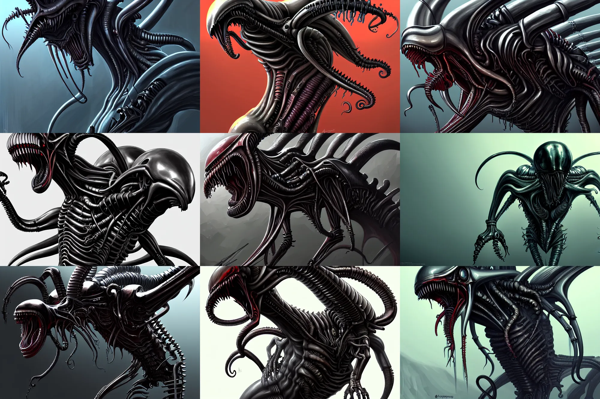 Prompt: creepy metal xenomorph, full view, elegant, intricate, digital painting, artstation, concept art, smooth, sharp focus, illustration