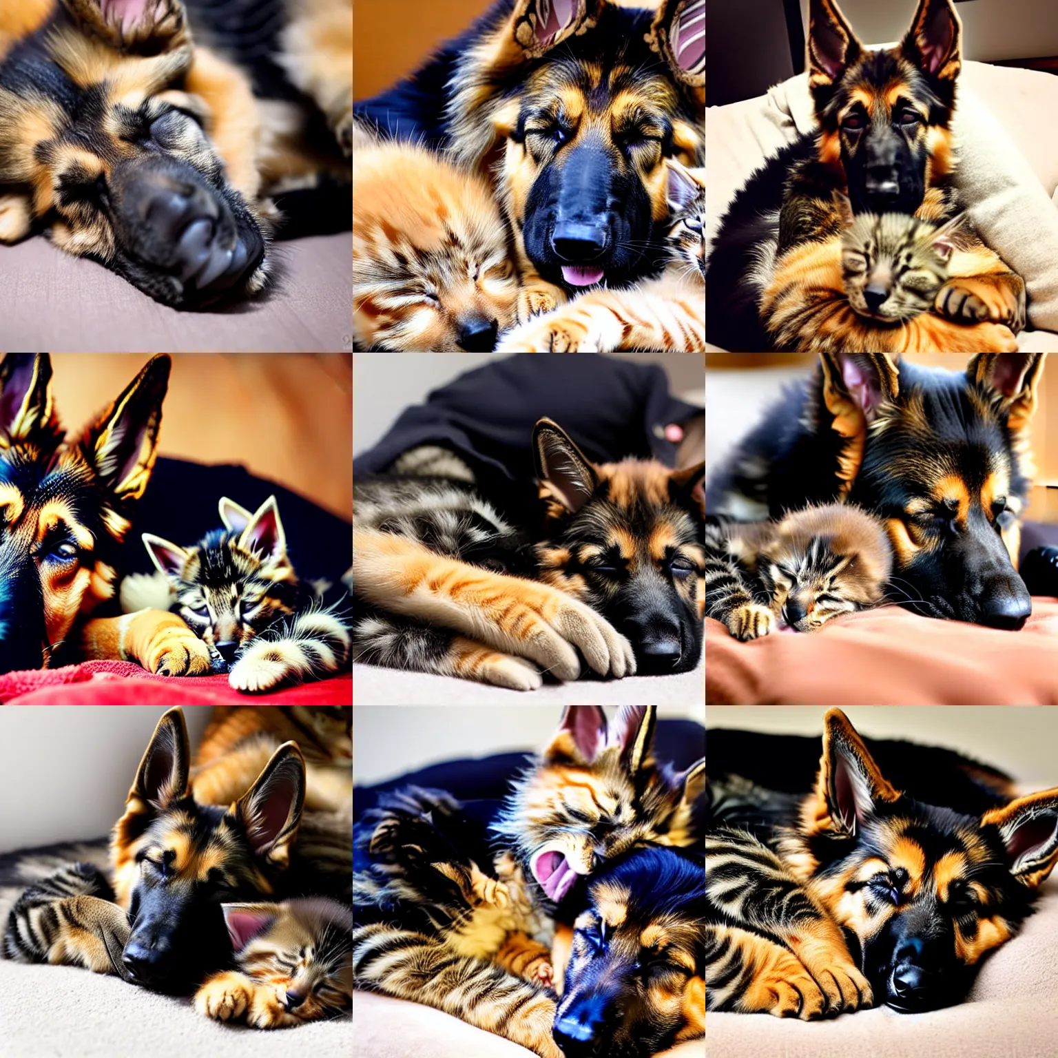 Prompt: detailed german shepherd sleeping in arms with a detailed kitten