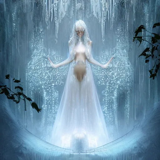 Prompt: under an white intricate like jewels epic forest suspended in the air upside down, a white pool with intricate epic circles of water within which float phantasmagoric biorobotic humanoids, dressed in intricate veils and jewels, epic environment, matte painting, diffused lighting, highly detailed, cinematic, epic atmosphere, digital art, trending on artstation, wide angle