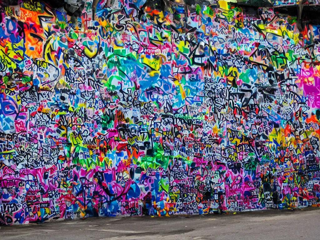 Image similar to photo of black cathedral covered in colorful graffiti