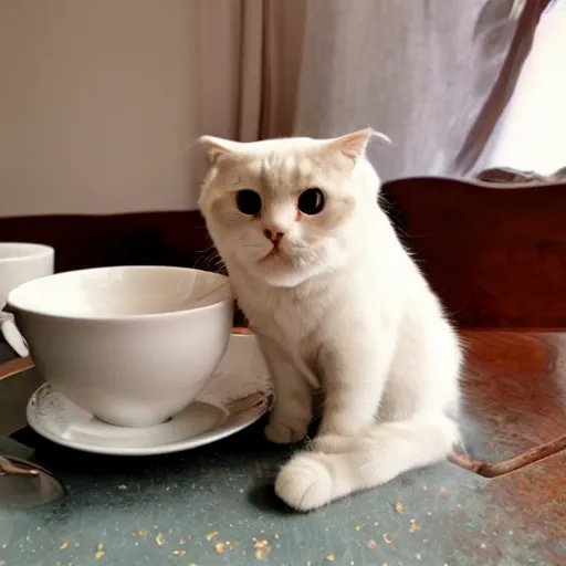 Image similar to a elegant scottish fold cat having a cup of tea