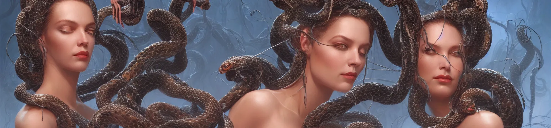 Image similar to beauty woman with snakes for hair, Medusa, detailed face, surrounded by spiders, very detailed, dramatic lighting, electrical details, high details, 4k, 8k, trending on artstation, by Greg Rutkowski, Wayne Barlowe, Hajime Sorayama and Boris Vallejo