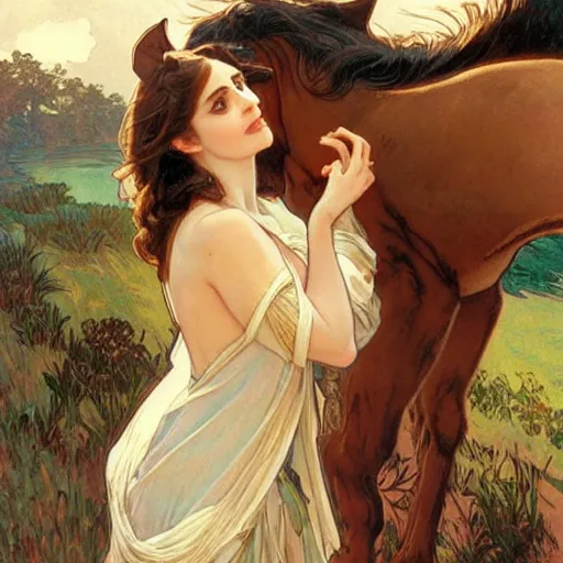 Image similar to young alison brie kissing a man - horse, painted by artgerm and greg rutkowski and alphonse mucha. clear highly detailed face, beautiful fantasy art,