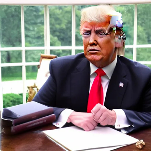 Image similar to a shocking, candid photo of donald trump, smoking crack out of a crack pipe in the white house oval office. photo taken from a window outside the oval office, by a new york times reporter.