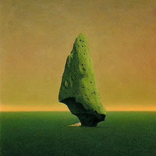 Prompt: giant alien artifact folding on itself in green planet landscape painted by Zdzisław Beksiński