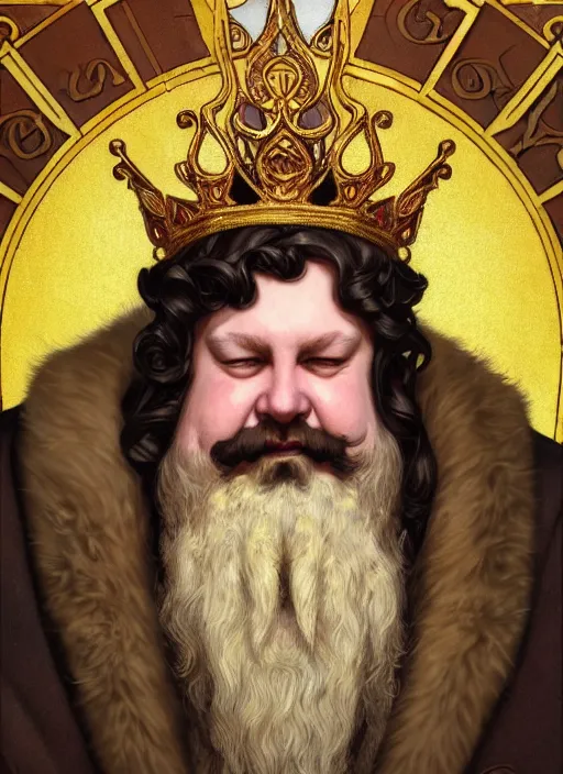 Prompt: close up portrait of the burger king, heavyset middle aged king with big bushy beard, ornate noble robs with jeweled crown by artgerm, cushart krenz, greg rutkowski, mucha. art nouveau. gloomhaven, golden arches logo, pale colors, sharp edges. ultra clear detailed. 8 k. elegant, intricate, octane render