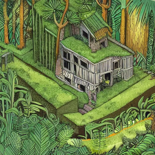 Image similar to A cartoon illustration of an overgrown house in a lush forest, detailed, depth