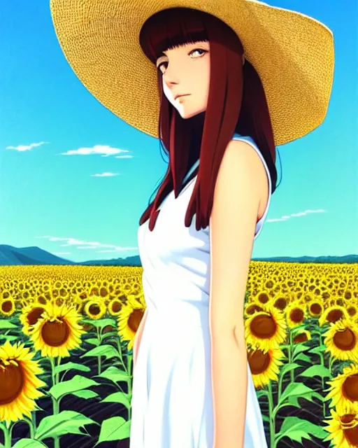 Image similar to a girl in a white dress and a straw hat walks in the sunflower field | | fine - face, audrey plaza, realistic shaded perfect face, fine details. anime. realistic shaded lighting poster by ilya kuvshinov katsuhiro otomo ghost - in - the - shell, magali villeneuve, artgerm, jeremy lipkin and michael garmash and rob rey