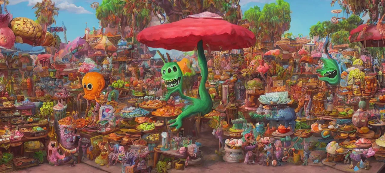 Prompt: a beautiful painting of an aaahh!!! real monsters merchant in a surreal outdoor bazaar by james gurney | unreal engine :. 5