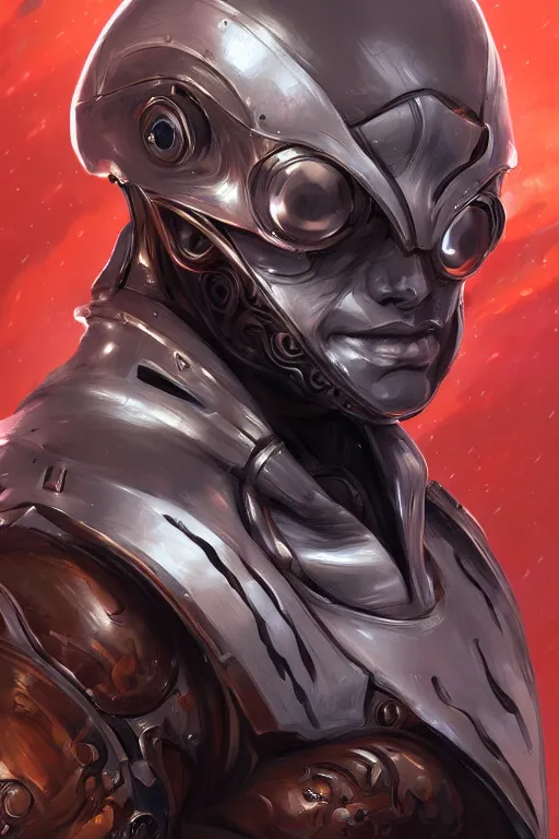 Image similar to a portrait of a swirly cyborg with a hood and mechanical part by Mars Chris and Artgerm, highly detailed, trending on artstation