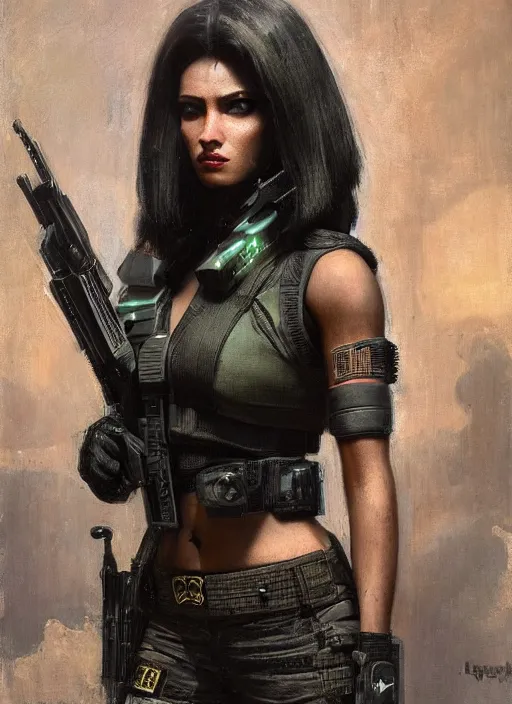 Prompt: Beautiful Juliana. beautiful female cyberpunk Blackops commander wearing a military vest and military stealthsuit (cyberpunk 2077, Blade Runner 2049). gorgeous face. African woman. Orientalist portrait by john william waterhouse and Edwin Longsden Long and Theodore Ralli and Nasreddine Dinet, oil on canvas. Cinematic, hyper realism, realistic proportions, dramatic lighting, high detail 4k