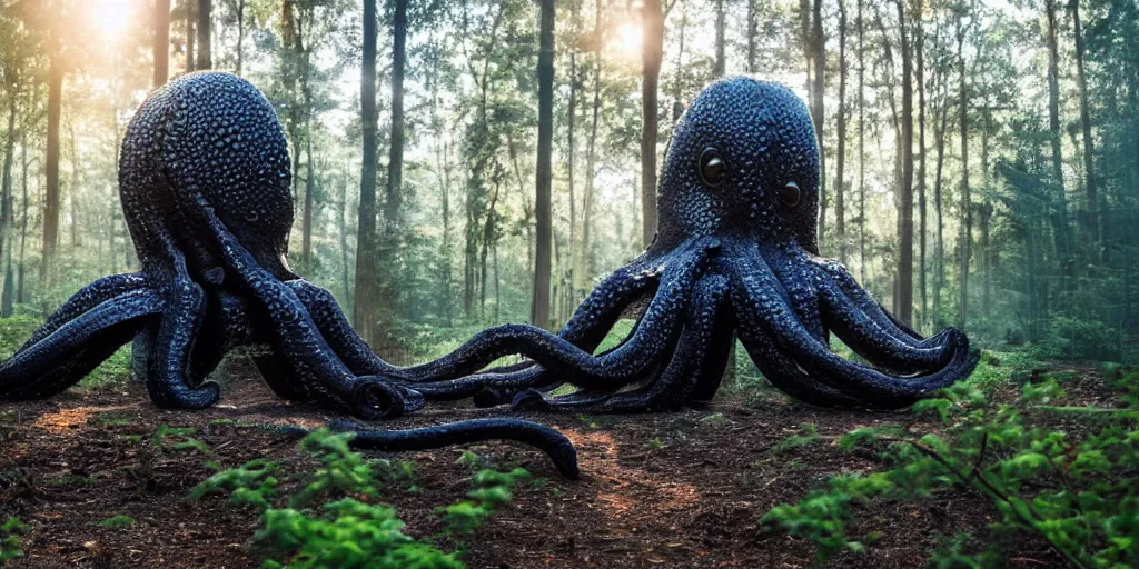 Image similar to a highly detailed giant black octopus god in the middle of a forest, beautiful ambient light, sun rays hitting the slightly transparent creature, golden hour, 8k photography