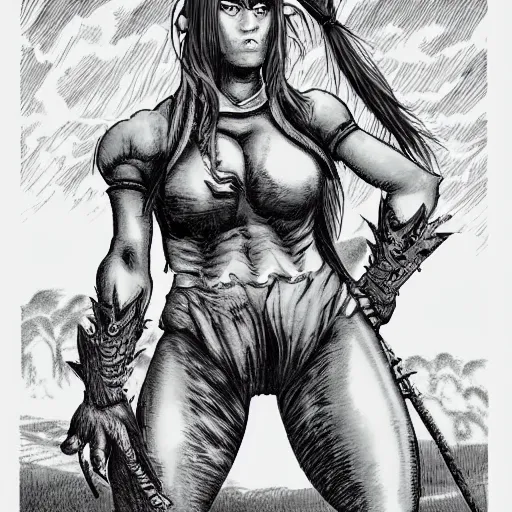 Prompt: a full character portrait of a toned physique green orc woman with a ponytail in full plate armor, by junji ito