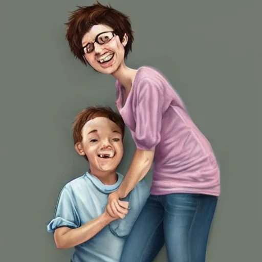 Image similar to illustration beautiful cinematic hyperrealism style where a mother appears with her happy son