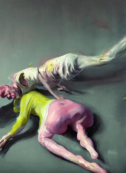 Image similar to an expressive skinny artist wearing overalls physically fighting with a ghost, inside a grand studio, depth of field, hauntingly surreal, highly detailed oil painting, by francis bacon, edward hopper, adrian ghenie, glenn brown, soft light 4 k, green and pink colour palette, cinematic composition, cinematic lighting, high quality octane render, masterpiece