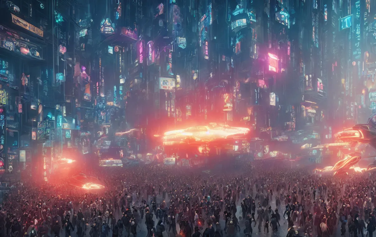 Prompt: photograph a crowd of people surrounding a giant female biomorphic cyborg in middle of futuristic blade runner 2 0 4 9 seoul korea, by jean moebius giraud, beeple, greg rutkowski. octane render. in the style of the fifth element, cyberpunk 2 0 4 9.
