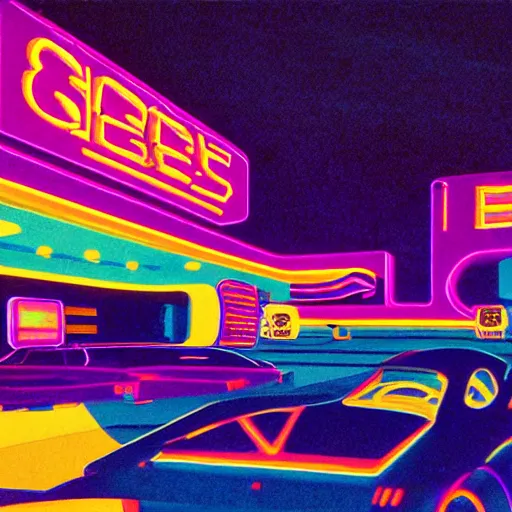 Prompt: Googie Kitsch aesthetic, colorful isometric Liminal space in outer space at night with neon lights