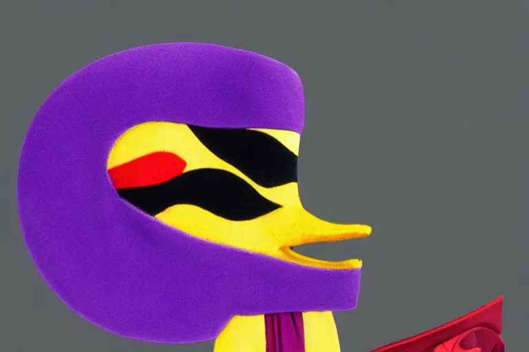 Image similar to duck wearing purple hat and cape and zoro mask by Roger Deakins