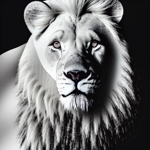 Image similar to a full body photograph of a white lion,photorealiatic,hyperdetailed,hyperrealistic,studio lighting,studio photography,professional photography,professional lighting,detailed face,3 point lighting,4k,dramatic