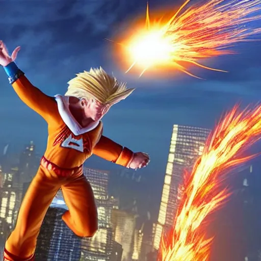 Image similar to photorealistic of an hyper realistic super sayan trump flying in the sky and prepare a kamehameha above new york city. accurate and high details on trump's face. intricate, highly detailed, unreal engine 5.