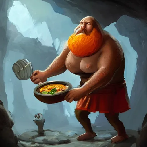 Image similar to “ a very strong and fat semi - human female with long arms and short legs, round head, big orange beard, medieval, preparing some food in a cave, fantasy digital art by tony sart, featured on artstation ”